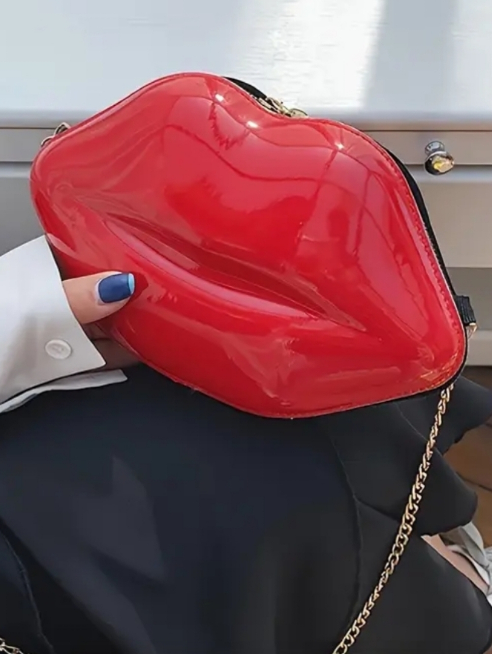 Glossy Red Lip-Shaped Crossbody Bag with Chain Strap